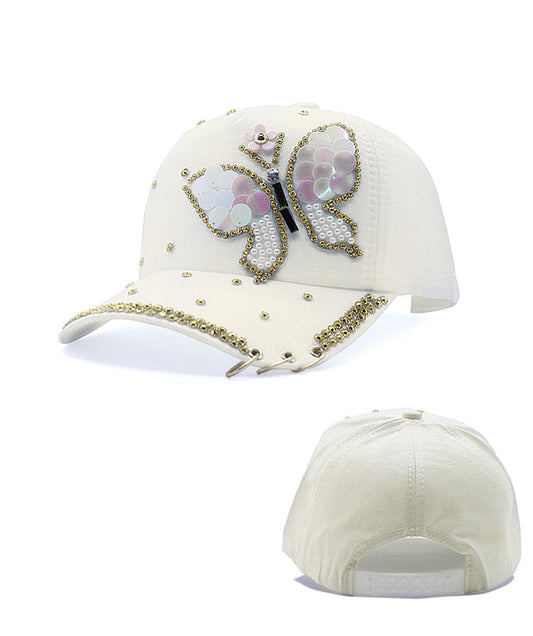 Butterfly Colorful Full Crystal 3D Trucker Hat Cotton Shiny Metal Rings Hip Hop Snapback Cap Summer Cap