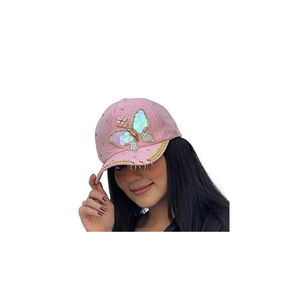 Butterfly Colorful Full Crystal 3D Trucker Hat Cotton Shiny Metal Rings Hip Hop Snapback Cap Summer Cap