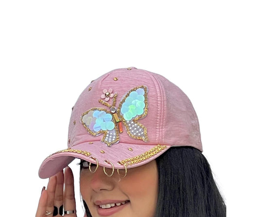 Butterfly Colorful Full Crystal 3D Trucker Hat Cotton Shiny Metal Rings Hip Hop Snapback Cap Summer Cap