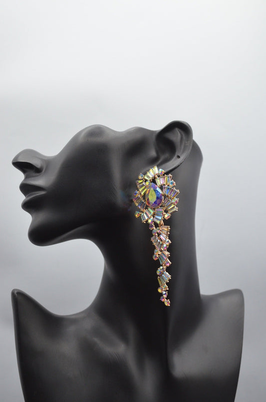 Exaggerated Rhinestone Flower Tassel Long Drop Earrings for Women Fashion Wedding Party Jewelry