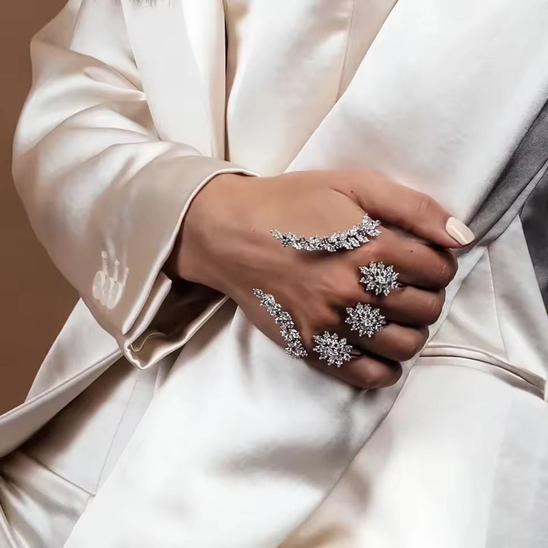 Glitter Diamond Rings with Multiple Fingers and Leaf Veins, Adjustable Open Palm