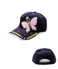 Butterfly Colorful Full Crystal 3D Trucker Hat Cotton Shiny Metal Rings Hip Hop Snapback Cap Summer Cap