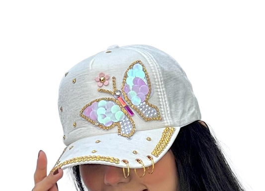 Butterfly Colorful Full Crystal 3D Trucker Hat Cotton Shiny Metal Rings Hip Hop Snapback Cap Summer Cap